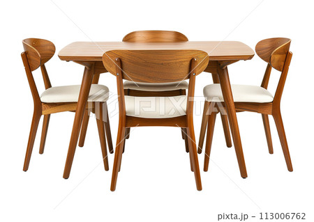 Modern dining set with a wooden table and cream upholstered chairs, isolated on white background. Cut out dining room furniture. Front view. Generative AI. 113006762