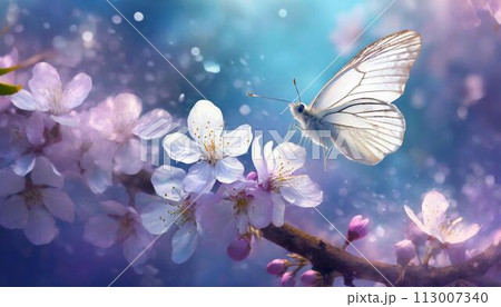 Butterfly in flight and flowers with soft focus. blossoming cherry Butterfly in flight and flowers with soft focus. blossoming cherry 113007340