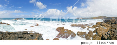 Verdicio beach view. Asturias coastline panorama, Spain 113007786