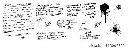 Handwriting text, vector old sketch notes, vintage written background, ink dirty splash diary blots Handwriting text, vector old sketch notes, vintage written background, ink dirty splash diary blots 113007853