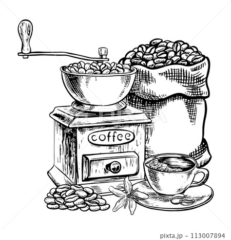 An antique coffee grinder, a bag of beans and a cup of coffee. Vector black and white graphic illustration is hand-drawn. For printing, menus, postcards and packages. For banners, flyers and posters. 113007894