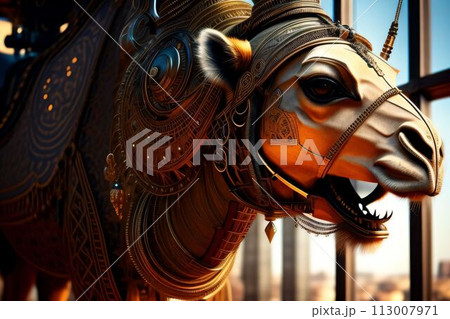 Cute camel made out of metal generated by AI. Robot camel. 113007971