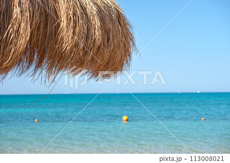 Straw shade umbrella in sea tropical region against blue vibrant sky in summer 113008021