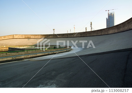 TURIN, ITALY - 14 SEP 2019: Legendary Fiat test track on the roof of the former Fiat car factory Lingotto in Turin, which is now used as an event and park facility 113008257