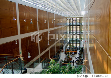 TURIN, ITALY - 13 SEP 2019: View into the hotel lobby of a luxury hotel in the former Fiat car factory Lingotto in Turin 113008278