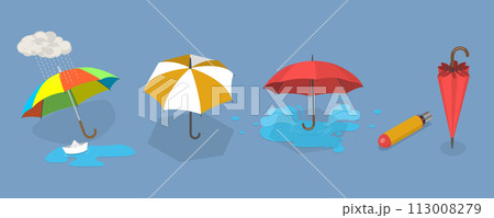 3D Isometric Flat Vector Illustration of Umbrella Collection, Rain Pprotection Parasols 113008279