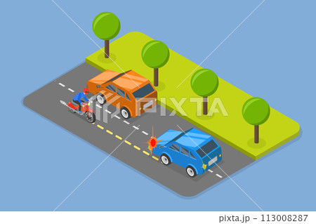 3D Isometric Flat Vector Illustration of Motorcycle Accident, Bike Riding Rules and Road Safity 113008287