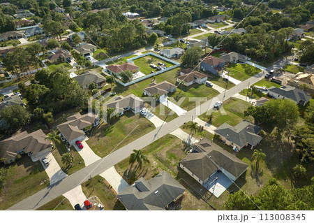 Aerial landscape view of suburban private houses between green palm trees in Florida quiet rural area Aerial landscape view of suburban private houses between green palm trees in Florida quiet rural area 113008345