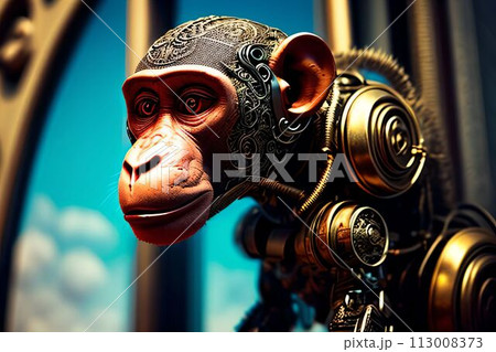 Portrait of high-tech monkey made out of metal generated by AI. 113008373
