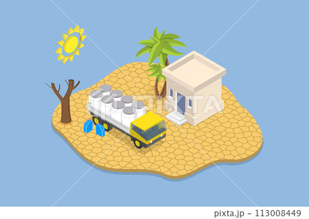 3D Isometric Flat Vector Illustration of Global Earth Climate Problem, Car With Water Aid 113008449