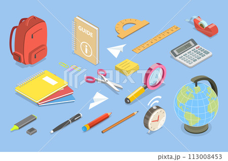 3D Isometric Flat Vector Set of School Stationary, Items and Accessories for Education 3D Isometric Flat Vector Set of School Stationary, Items and Accessories for Education 113008453