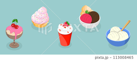 3D Isometric Flat Vector Set of Ice Creams, Collection of Cold Sweet Desserts 3D Isometric Flat Vector Set of Ice Creams, Collection of Cold Sweet Desserts 113008465