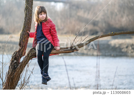 Portrait of a pretty child girl sitting on a tree branch in autumn outdoors. Portrait of a pretty child girl sitting on a tree branch in autumn outdoors. 113008603