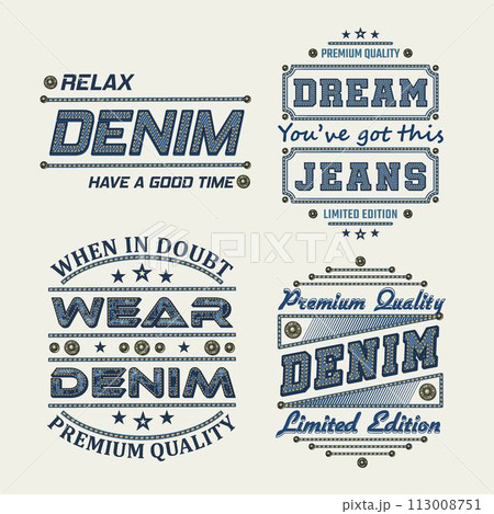 Denim style text labels with typography, textured letters, jeans buttons, stitches. Detailed composition in vintage style on white background. For clothing, t shirt, surface design. 113008751