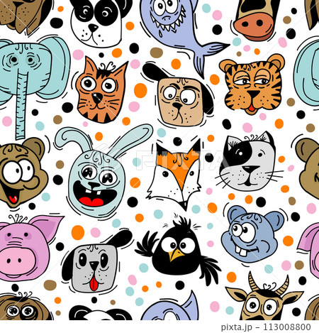 Seamless pattern of colored funny animals. Not AI, Color flat Vector illustration 113008800