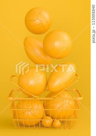 Set of ball like basketball, football and golf in shopping basket on monochrome 113008840