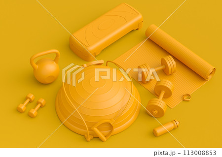 Isometric view of sport equipment like kettlebell, fitness ball and yoga mat 113008853