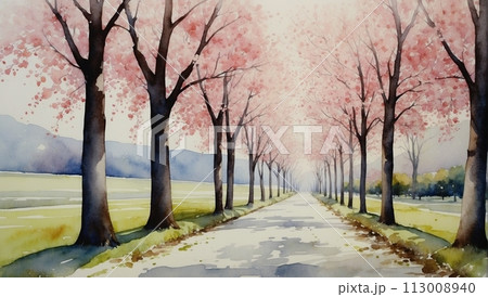 桜並木の水彩画 A4サイズ M. A. Takeda No sketch required!] A very easy cherry blossom landscape