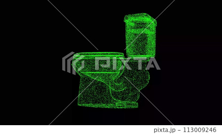 3D Flush Toilet on black background. Plumbing concept. Modern flush toilet. Business advertising backdrop. For title, text, presentation. 3d animation 3D Flush Toilet on black background. Plumbing concept. Modern flush toilet. Business advertising backdrop. For title, text, presentation. 3d animation 113009246