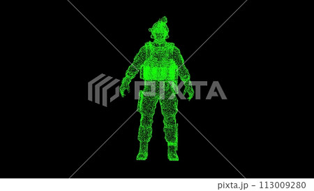 3D Marine soldier on black background. Military concept. Special Forces Soldier. Business advertising backdrop. For title, text, presentation. 3d animation 113009280