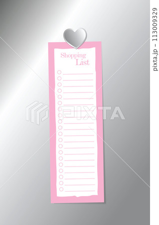 Shopping list with silver heart shape magnet on silver background surface Shopping list with silver heart shape magnet on silver background surface 113009329