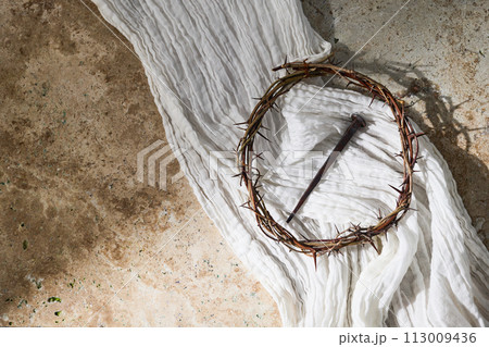 Easter background. Crown Of Thorns with white shroud. Crucifixion Of Jesus Christ Easter background. Crown Of Thorns with white shroud. Crucifixion Of Jesus Christ 113009436