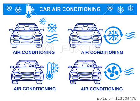 Car automobile air conditioning, automobile climate control system, auto transport cooling conditioner equipment line icon set. Cold or temperature regulation. Snowflake sign. Vehicle cooler. Vector 113009479