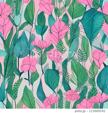 AI-generated content. a seamless pattern with pink flowers and green leaves on a pink background 113009542