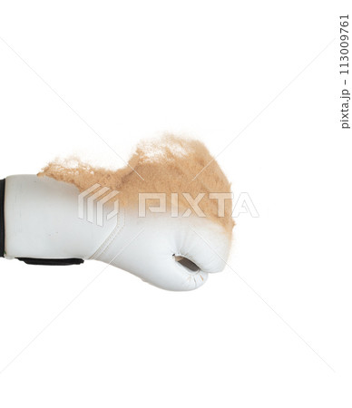 Boxing punch through Sand, concept of competition challenge of leader business man or teamwork, winning leadership strategic plan and risk management team player 113009761