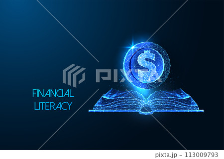 Financial literacy, economics education futuristic concept with open book and dollar coin 113009793