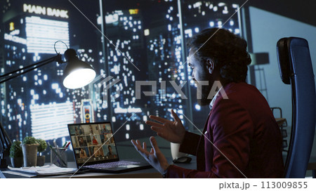 Stakeholders and president of company gather via video link to go over business expenditures and funds, update session in different time zones. Senior manager and collaborators offer their views. Stakeholders and president of company gather via video link to go over business expenditures and funds, update session in different time zones. Senior manager and collaborators offer their views. 113009855