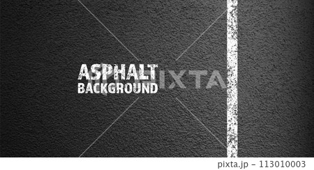 Asphalt road with white cracked lane marking, concrete highway surface, texture. Street traffic line, road dividing strip. Pattern with grainy structure, grunge stone background. Vector illustration 113010003
