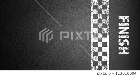 Asphalt road with white finish line marking, concrete highway surface, texture. Street traffic lane, road dividing strip. Pattern with grainy structure, grunge stone background. Vector illustration 113010004