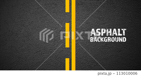 Asphalt road with yellow lane marking, concrete highway surface, texture. Street traffic line, road dividing strip. Pattern with grainy structure, grunge stone background. Vector illustration 113010006