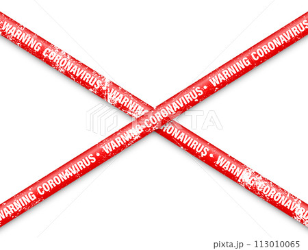 Old grunge quarantine zone warning tape. Novel coronavirus outbreak. Global lockdown. Red coronavirus danger stripe. Police caution line, restricted area. Construction tape. Vector illustration Old grunge quarantine zone warning tape. Novel coronavirus outbreak. Global lockdown. Red coronavirus danger stripe. Police caution line, restricted area. Construction tape. Vector illustration 113010065