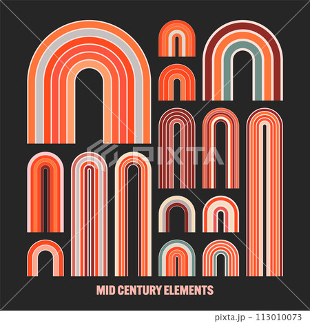 Mid century arch elements, modern geometric shapes, rainbow. Contemporary design, minimalist art. Trendy design elements for wall decor, posters, books, covers and flyers. Vector illustration Mid century arch elements, modern geometric shapes, rainbow. Contemporary design, minimalist art. Trendy design elements for wall decor, posters, books, covers and flyers. Vector illustration 113010073