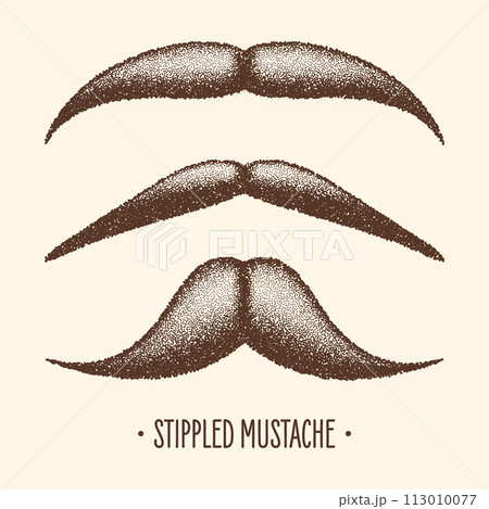 Brown stippled vintage mustache. Curly facial hair. Hipster beard. Stippling, dot drawing and shading, stipple pattern, halftone effect. Vector illustration 113010077