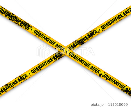 Old grunge quarantine zone warning tape. Novel coronavirus outbreak. Global lockdown. Yellow coronavirus danger stripe. Police caution line, restricted area. Construction tape. Vector illustration 113010099