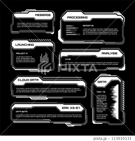 White futuristic HUD, UI elements. Sci-fi user interface text boxes, callouts. Warning message frames, information boxes template. Modern game interface layout in digital style. Vector illustration 113010131
