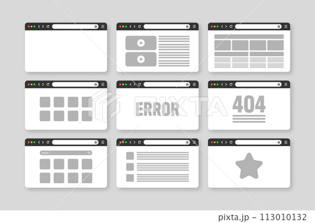 Web browser window, pages layout with toolbar and search field. Modern website, internet page in flat style. Browser mockup for computer, tablet and smartphone. Adaptive UI. Vector illustration 113010132