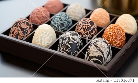 Exquisite chocolate eggs with delicate icing patterns. AI generation 113010371