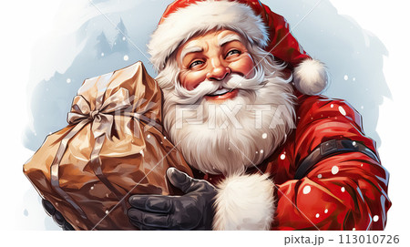 Santa Claus in snowy setting with a gift in hand, radiating happiness. AI generation Santa Claus in snowy setting with a gift in hand, radiating happiness. AI generation 113010726