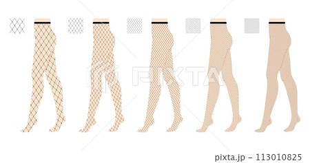 Set of Fishnet Tights Pantyhose on legs, different mesh sizes with pattern. Fashion accessory clothing technical Set of Fishnet Tights Pantyhose on legs, different mesh sizes with pattern. Fashion accessory clothing technical 113010825