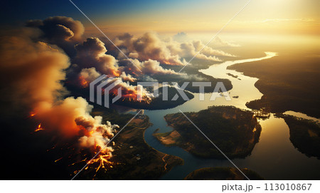 Aerial view capturing a massive wildfire's impact. AI generation 113010867