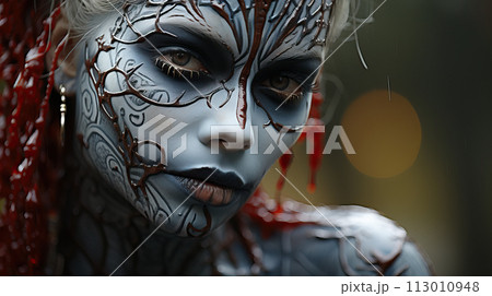 Close-up of a woman with tribal makeup and beads. AI generation 113010948