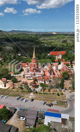 Top view of Wat Chang Hai or Wat Rat Buranaram is a beautiful temple in Pattani that is more than 300 years old and is a tourist attraction in Pattani. It is like the center of the mind of Thailand. 113010989
