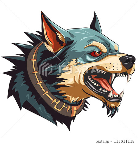 The head of an angry dog in a collar with spikes and bared fangs isolated on a white background. 113011119