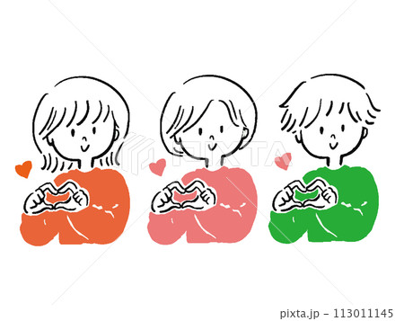手でハートを作るの男性と女性のゆるいイラストセット 手でハートを作るの男性と女性のゆるいイラストセット 113011145