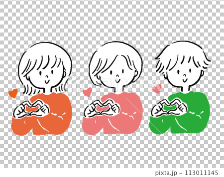 手でハートを作るの男性と女性のゆるいイラストセット 手でハートを作るの男性と女性のゆるいイラストセット 113011145