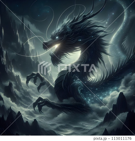 A huge Asian dragon emerged from the depths of a mysterious mist-shrouded mountain. 113011176